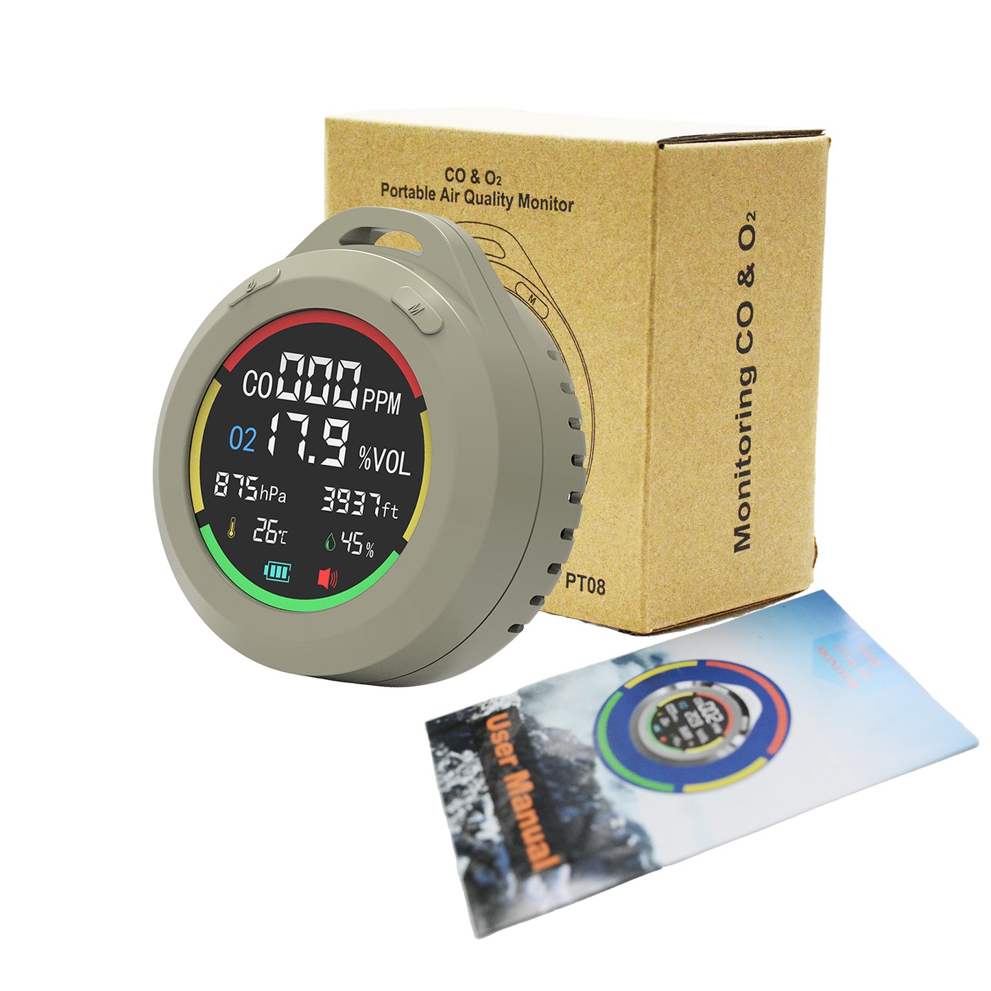6-IN-1 Portable Environment Monitor: O2, CO, Altimeter, Barometer, Temperature, Humidity