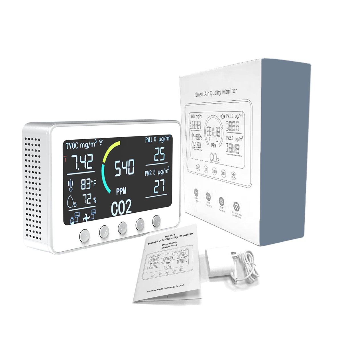 6-IN-1 Indoor Air Quality Monitor: CO2, TVOC, PM2.5, PM1.0, Temperature, Humidity