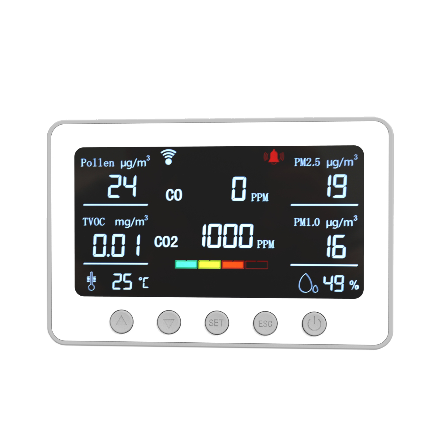 8-IN-1 Indoor Air Quality Monitor Pollen, CO, CO2, TVOC, PM2.5, PM1.0, Temperature, Humidity